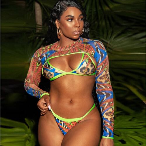 Plus Size African Print Style Leopard Bikini Mesh Long Sleeve Bathing Suit Women Swimsuit Swimwear Fluorescent Brazilian Biquini