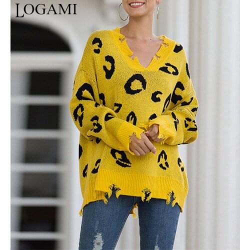 LOGAMI Leopard Distressed Sweater Women V Neck Long Sleeve Pullovers and Sweaters Ladies Vintage Jumper