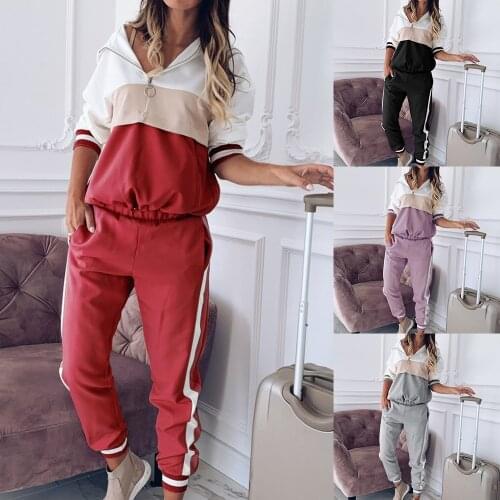 Hooded Tracksuit Women 2 Pcs Running Set 2021 Patchwork Joggers Suits Workout Clothes Loose 1/4 Zipper Sweatshirts Sportswear