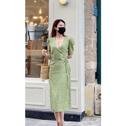 Ladies 2021ss Floral Printed Wrap V Neckline Waist Ties Midi Dress - Women Tea-break Dress