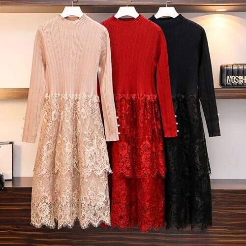 2020 Oversize autumn winter women knit dress lace splice long sleeve bottoming dresses female Plus size 4XL sweater dresses G767