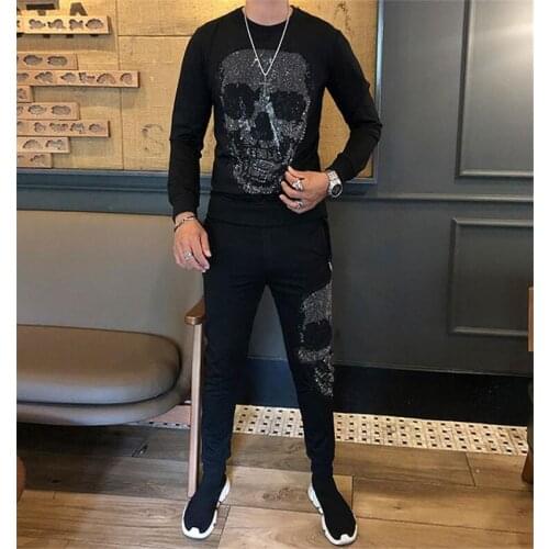 Winter mens suit fashion brand mens casual sportswear slim design diamond face hoodie suit