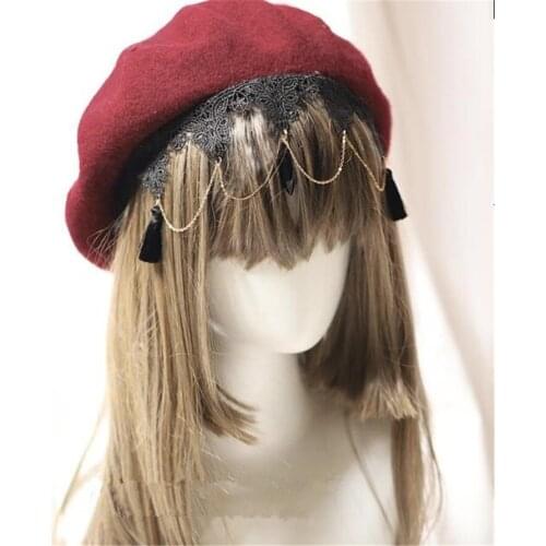 Lolita Gothic Black Lace Winter Dark Red Beret Hat Mori Girl Tassel Cap Christmas Hat B1556