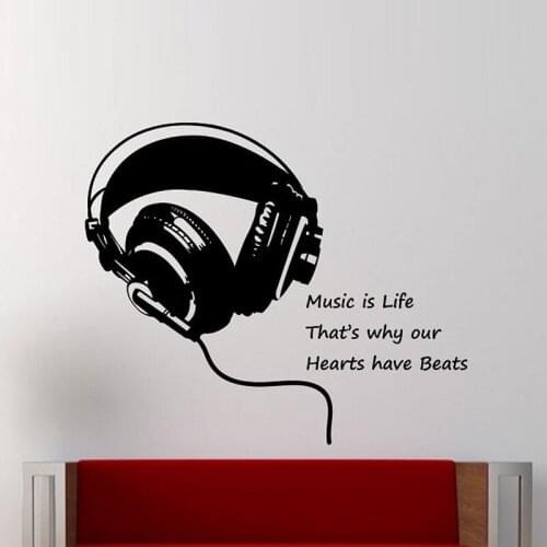 ZOOYOO Music Wall Decal Headphones Music Is Life Wall Sticker Quote Home Decor Bedroom Design Art Murals