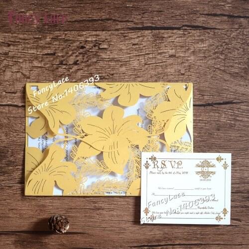 30pcs/lot Laser Cut Greenish lily flower design Wedding invitations Cards Kit Blank Paper Printing text Invitation