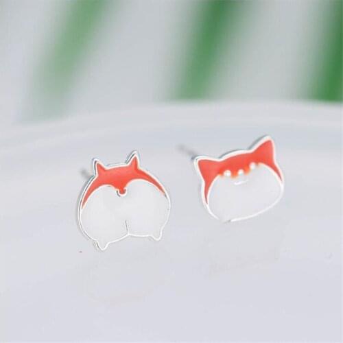 New Fashion Asymmetric 925 Sterling Silver Jewelry Not Allergic Lovely Fat Cat Red Epoxy Personality Stud Earrings SE549