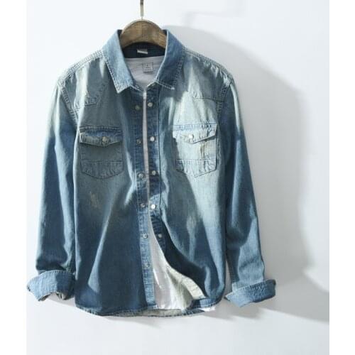 Dropshipping High Quality 100% Cotton Jeans Shirt for Men Handsome Washed Slim Fit Denim Shirts Youth Spring Casual Cowboys Tops