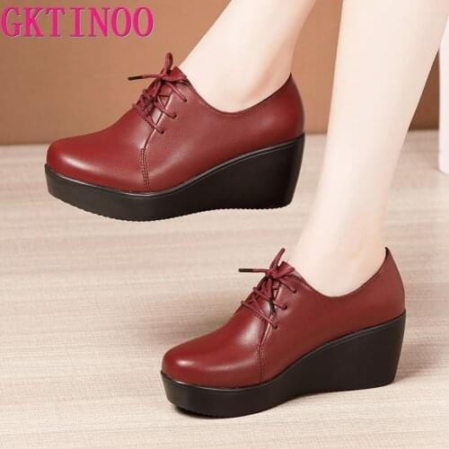 GKTINOO 2020 Wedges Women Shoe Spring Autumn Lace-Up High Heels Round Toe Leather Casual Ladies Platform Shoes Woman Size 33-43