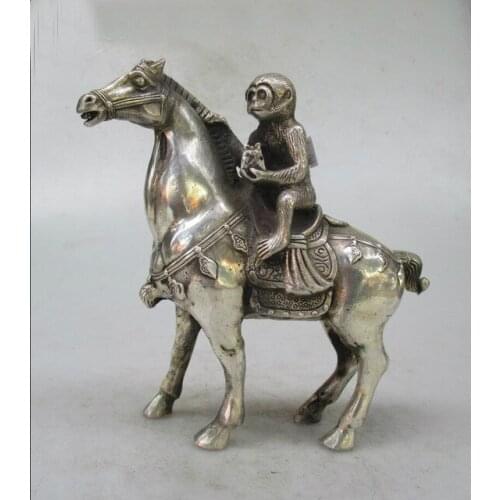 Metal Crafts Christmas Home decorations+Chinese Old Handwork Tibet Silver Carved Monkey Riding Horse Statue/ sculpture