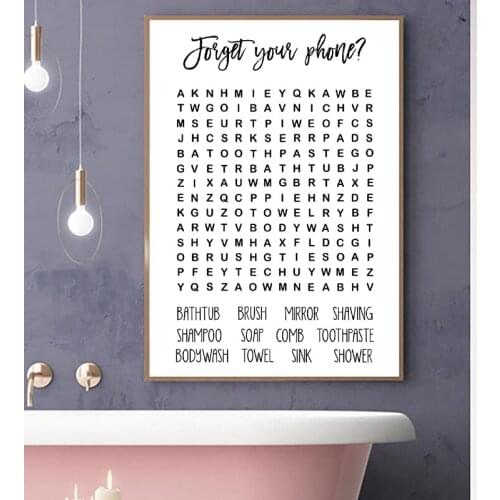 Canvas Painting Bathroom Word Search Poster Print Black White Minimalism Wall Art Home Decor Learning Modular Picture Framework