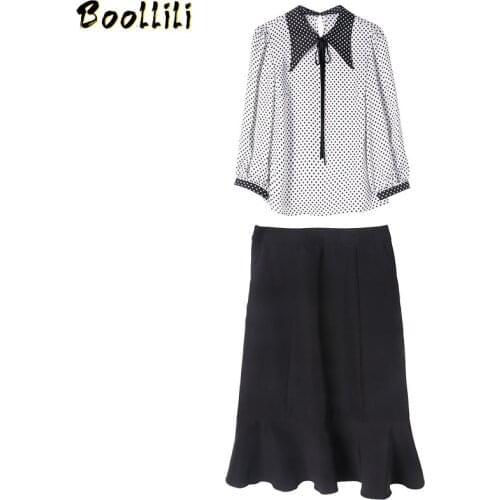 Boollili Two Piece Set Women Vintage Polka Dot Blouses 2020 Black Midi Skirt Womens Tops and Blouses White Shirt Ensemble Femme