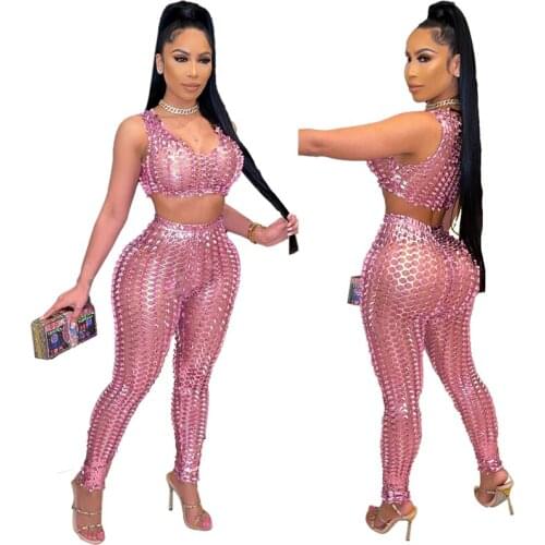 Sexy Hollow Out Two Piece Set Women Summer Clothes Sleeveless Tank Top Pencil Pants Suits Night Club Party Womens Sets Outfits