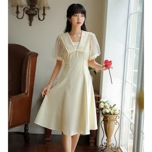 Sweet Cute Summer Dress Women Japanese Doll Collar Lovely Mesh Puff Sleeve Romantic French Kawaii Dress Vestidos