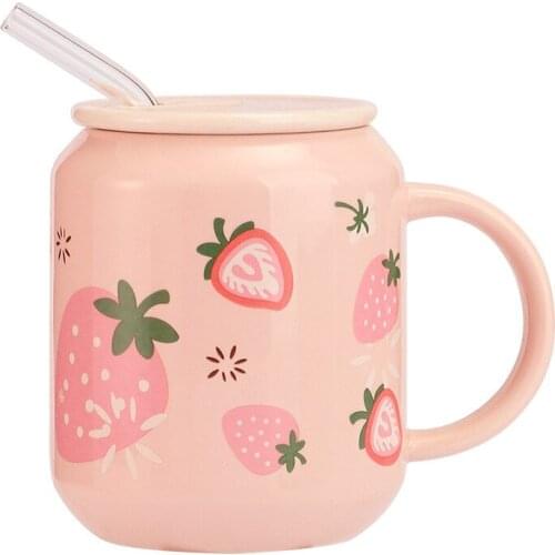 Kawaii Ceramic Mugs with Lid and Glass Straw Cute Coffee Cups Tea Couples Gifts Friends Drinkware Cup YHSMTG Kitchen,Dining Bar