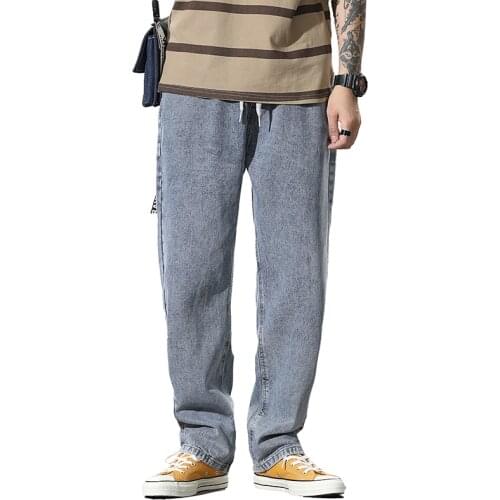 Men Jeans Wide Leg Loose Fit Baggy Straight Light Blue Full Length Pants Elastic Waist Drawstring Spring 2021 New Arrivals Jean