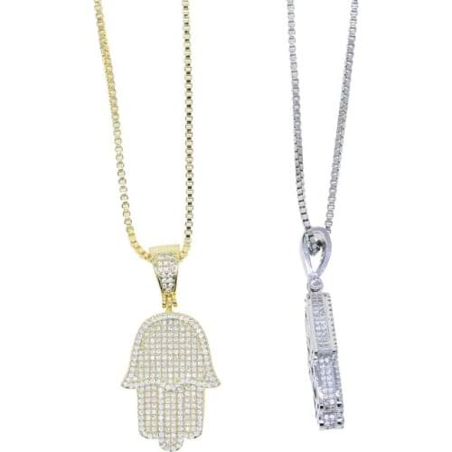 Hot Sale Boy Men Fatima Hamsa Hand Pendant Necklace Iced Out 5A Bling Cubic Zircon Thin Chain Hip Hop Gift Turkish Luck Jewelry