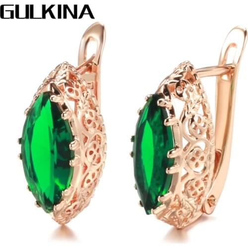 Gulkina New Trend Green Natural Zircon Drop Earrings For Women 585 Rose Gold Ethnic Bride Hollow Flower Earring Vintage Jewelry