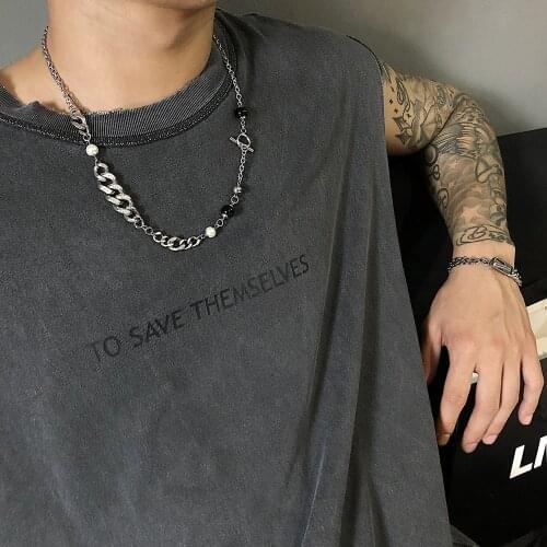 Personality Titanium steel Necklace Hip hop Pearl Rhinestone Chain Splicing Long Necklace for Unisex Statement Party Jewelry