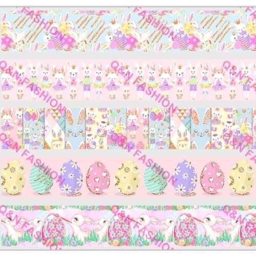 Q&N ribbon 50Yards 16mm - 75mm Easter Day Eggs and Bunny Grosgrain/FOE Ribbons for DIY Bow Craft Wedding Easter egg Decoration