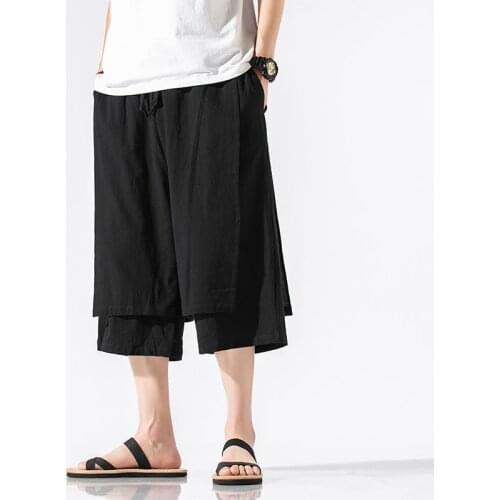 Plus size M-8XL Cotton Linen Wild Leg Pants Casual Loose Calf-Length Pants Man Bloomers Summer Baggy Traditional Pants Trousers
