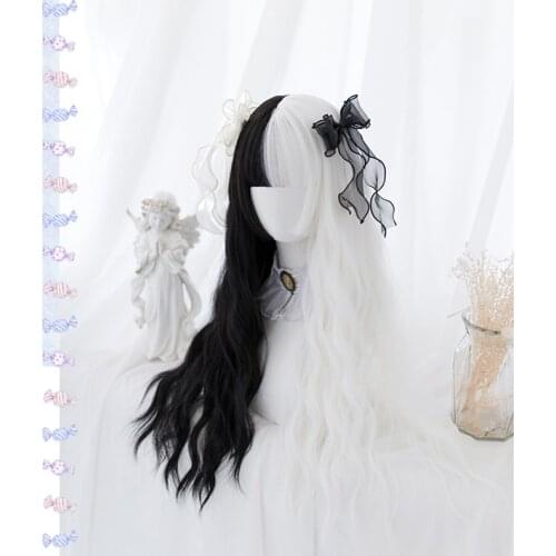 Mixed White Black Lolita Wig Harajuku Cool Long Curly Cute Sweet Synthetic Hair Kawaii Fringe Bangs Adult Girls