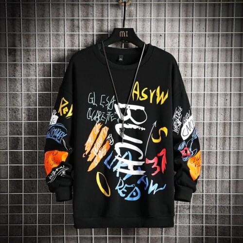 New Mens Sweatshirt Casual Hoodies 2021 Spring Graffiti Oversized Japanese Hip Hop Streetwear Men Loose Sweatshirts Pullover Top