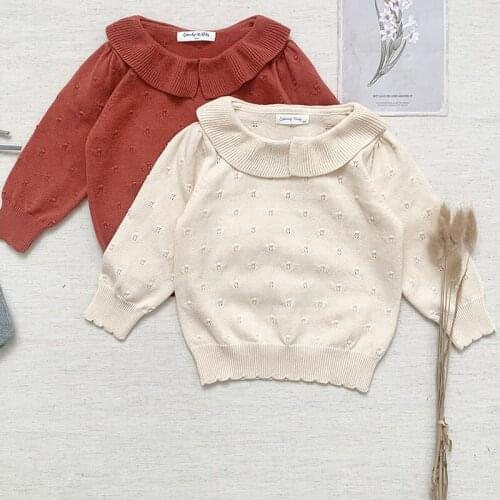 Baby Girls Knitting Pullover Tops Lotus Leaf Collar Hollowed Out Sweater Solid Color Long Sleeve Autumn Kids Pullover Tops