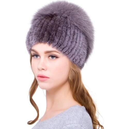 Real natural mink fur hat women winter knitting stripes with fox fur ball warm ear protection Russia hot style