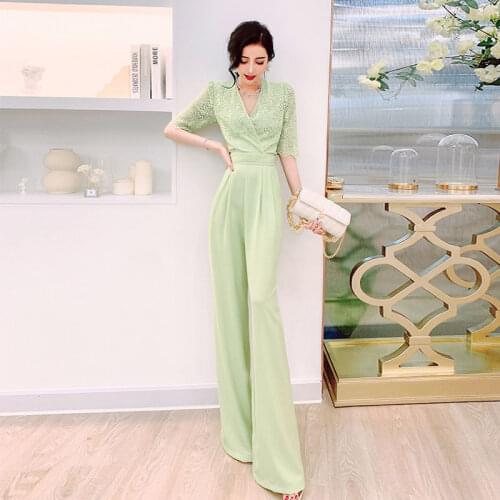 Women 2021 Summer Elegant Lace Jumpsuit Female Short Sleeve Romper Bodysuit Lady High-waist V-neck Wide-leg Pants Playsuit S177