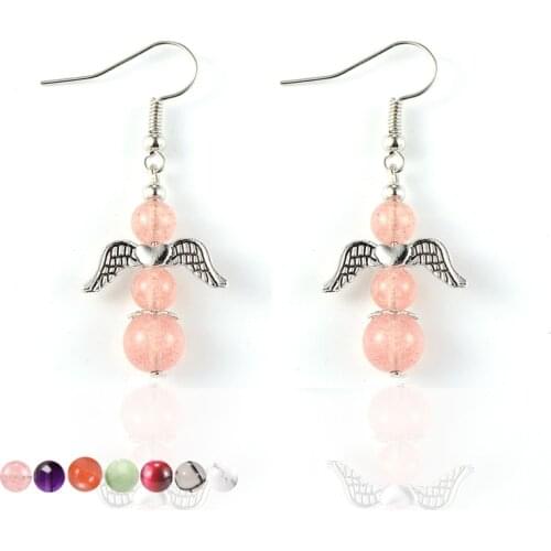 Women Natural Stone Lucky Angel Wings Earring Dangling Pierced Strawberry Crystal Malachite Onyx Earrings Hoops Hanging Jewelry