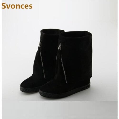Winter Fashion Height Increasing Lady Boots Black Luxury Platform High Heels Wedge Shoes Suede Leather Brand Womens Casual Shoes