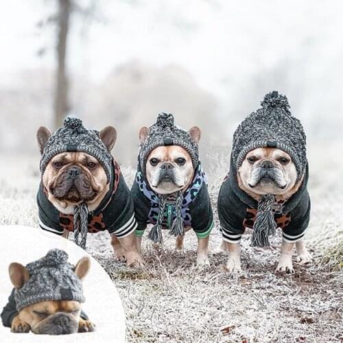 Winter Warm Dog Hats Windproof Knitting French Bulldog Hat for Dogs Chihuahua Hat Fluffy Ball Puppy Accessories Pet Hat
