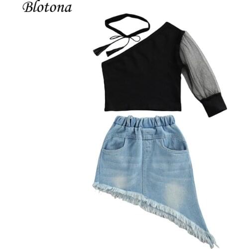 Blotona 3Pcs Kids Summer Outfits,Girls Mesh Sleeve One Shoulder T-shirt+Irregular Denim Skirt+Tie-Up Fringe Neck Adornment, 1-6Y