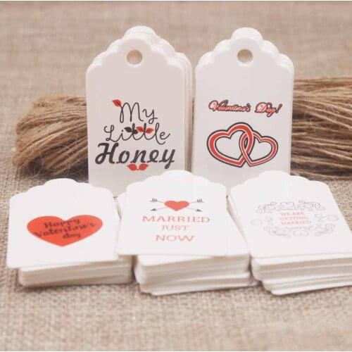 5*3cm Kraft/white Happy valentines days gift hang tag label Red heart print paper wedding tag label card 50+50hemp string/lot