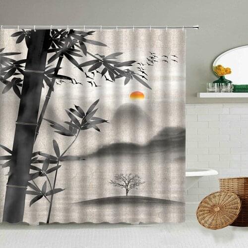 Bamboo Tree Landscape Ink Painting Shower Curtain Chinese Style Home Bathroom Wall Decor With Hook Waterproof Screen Washable