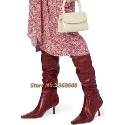 Elastic Pleated Riding Boots Burgundy Black White Knee High Winter Autumn Dress Boots Stiletto High Heel New Arrivals Shoes