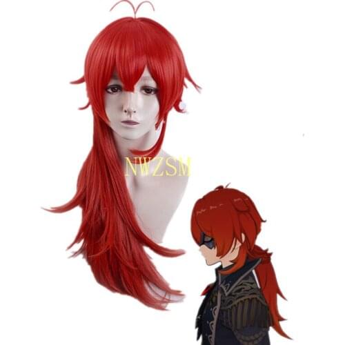 Genshin Impact Diluc Red Long Role Play Cosplay Heat Resistant Synthetic Hair Halloween Carnival Party + Free Wig Cap