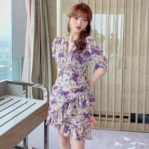 Fashion Summer Casual Vintage Puff Sleeve Mini Party Dress Ladies OL Streetwear Elegant Floral Print Chiffon Ruffle Beach Dress