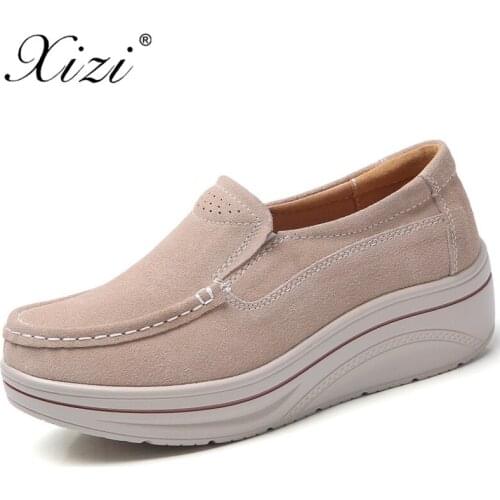Xizi 2018 New Autumn Women Slip on Flats Shoes Solid Ladies Platform Sneakers Shoes Leather Suede Casual Creepers Moccasins Shoe