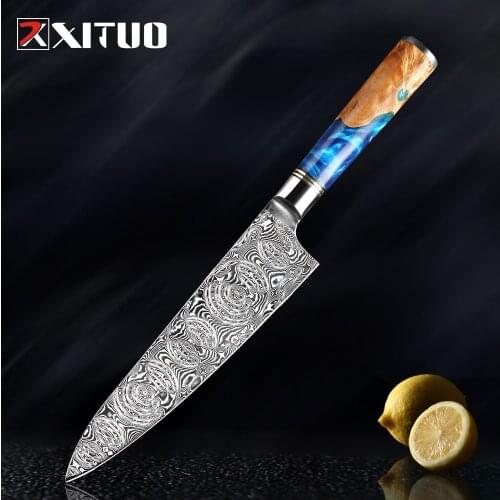 XITUO Powder VG10 Damascus Steel Chef Knife Cleaver Paring Fish Kitchen Knife Blue Resin Color Wood Handle Cooking Tool