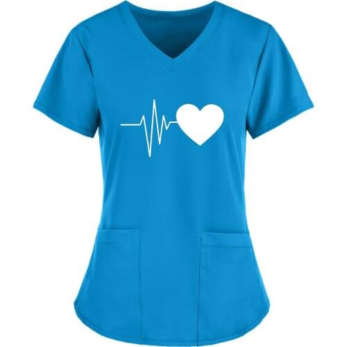 Plus Size Love Nurse Uniform Scrubs Womens Tops Electrocar Short Sleeve V-neck Tops Working Printing T-shirt Nurse Accessories