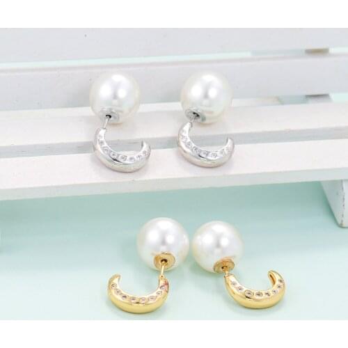 EYIKA Temperament Crescent Pearl Ear Plug Earrings Gold Silver Plated Cubic Zircon Ladies Casual Ear Nail Charm Women CZ Jewelry