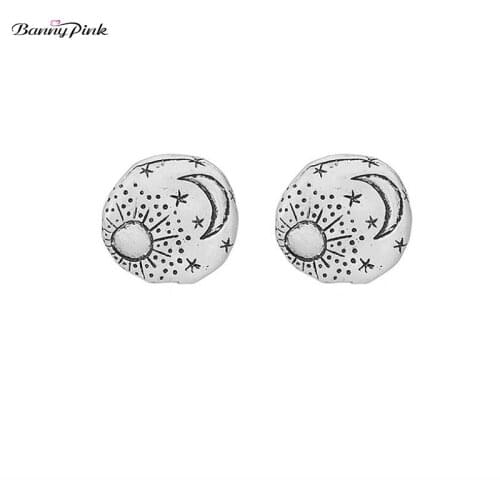 Banny Pink Vintage Alloy Hammer Round Studs Earrings For Women Ethnic Moon Sun Star Sign Geometric Post Earrings Daily Jewelry