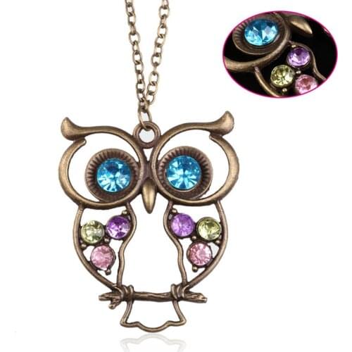 Sweater Necklace Vintage Rhinestone Owl Jewelery Long Pendant C66