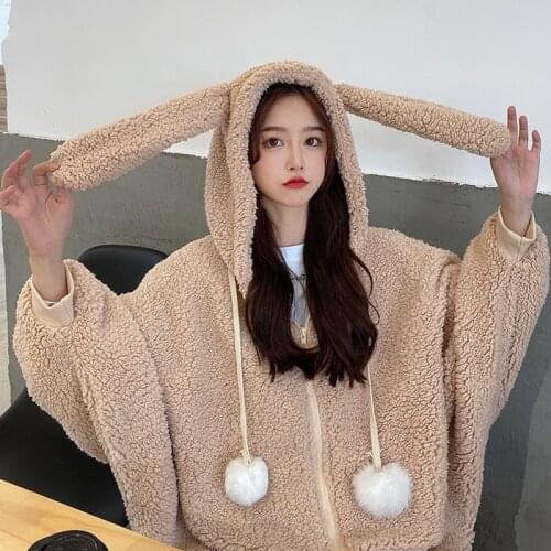 Kawaii Female Bunny Ear Hoodies Oversized Loose Zip Up Sweatshirt Women Long Sleeve Sweet Rabbit Hooded Winter Warm Sweatsuit