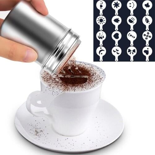 Stainless Coffee Sifter + 16Pcs Coffee Stencils Printing Model Foam Spray Cappuccino Cake Stencils Powdered Sugar Chocolate Mold