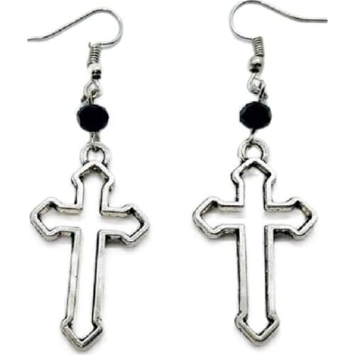 Goth Cross with Black Glass Earrings Beads Hollow Cross Dangle Statement Punk Rock Jewelry Fashion Novelty Women Gift Friend