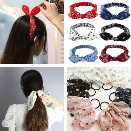 Japan and South Korea New Summer Floral Chiffon Bow Fabric Knotted Hair Rope Rubber Band Womens Hair Accessories Wholesale