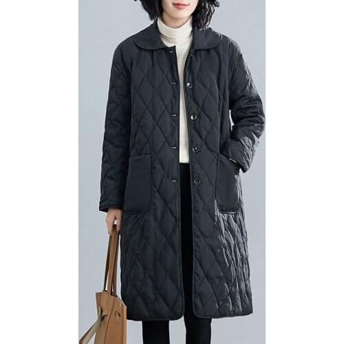 Bella Philosophy Winter Women Collar Oversize Rhombus Pattern Long Parkas Pocket Long Quilted Overcoat Single Breasted Outwears