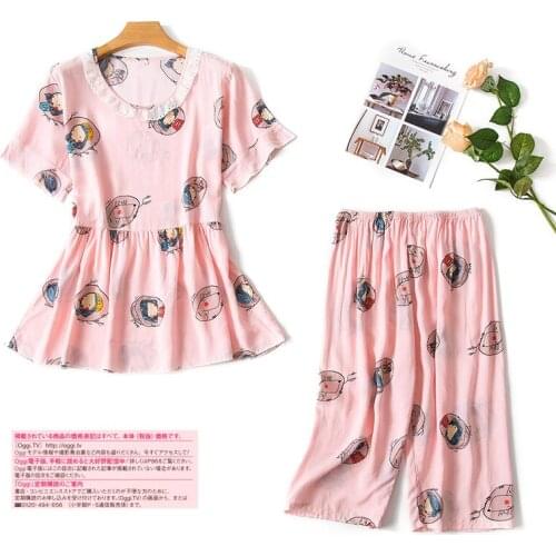 Women 2019 pajamas spring and summer cotton silk round neck pullover short sleeve cropped trousers print pajama sets pajama set
